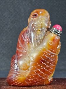 Chinese Elder Fish Carved Natural Agate Snuff Bottle