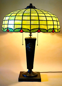 Rare Antique Benedict Studio 1905 Handel Era Copper Leaded Glass Shade Lion Lamp