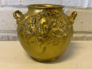 Antique French Art Nouveau Gilt Bronze Alexandre Vibert Vase W Woman S Face