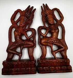 Khmer Cambodian 2 Apsara Dancer Goddess Hand Carved Red Wood Statue Figure