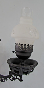 Vtg Victorian Cast Iron Hurricane Frosted Onion Shade Swivel Electric Wall Lamp