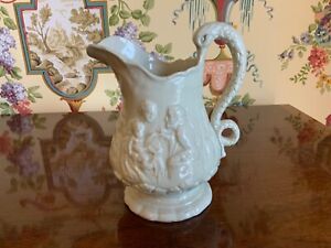 English Victorian Pottery Relief Molded Jug Pitcher With Swan Handle C1880