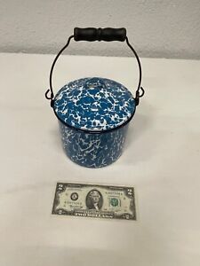 Vintage Blue Swirl Graniteware Enamelware 6 Wide Pail Bucket With Lid Chips