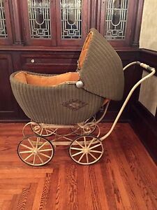 Large Antique Vintage Rattan Wicker Baby Carriage With Corduroy Lining 45 Long