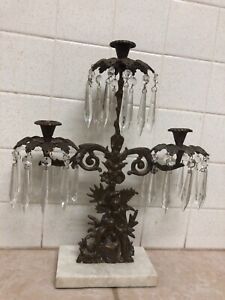Antique Brass And Crystal Girandole 3 Arm Mantle Candle Holder Boy And Girl