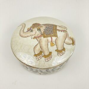 Vintage Chinese Macau Indian Elephant Trinket Dish Opium Box Ceramic Lidded 4 5 