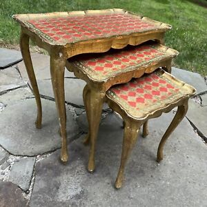 Italian Florentine 3 Nesting Tables Set Gold Red Blue Vtg Hollywood Regency Wood