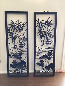 Antique Pair Chinese 3d Black Metal Flora Panels Wood Frame