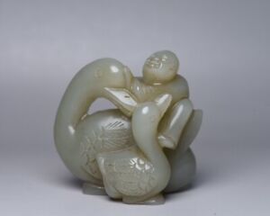 Chinese Antique Hetian Jade Nicely Carved Child Figure Story Statue Art Figurine