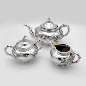 Chinese Dragon 3 Piece Tea Set Sterling Silver Hung Chong 19th Century