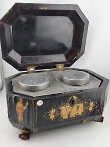 Rare 1800 S Antique Chinese Gilt Lacquered Tea Caddy W Pewter Containers 