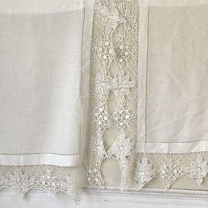2 White Set Antique French Lace Cafe Curtains Handmade Cottage Romantic Farmhou