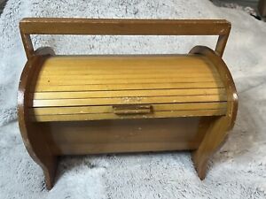 Vintage Wood Roll Top Tambour Sewing Storage Box Desk Organizer 11 With Yarn