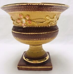 Vintage Italian Pottery Hand Painted Gold Gilded Vase Urn Brown Yellow Orange