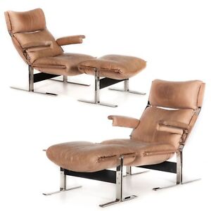 Pair Of Chrome And Leather Lounge Chairs With Ottomans By Richard Hersberger