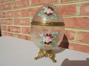 Antique Enameled Cut Glass Bronze Mounted Egg Shape Jewelry Casket Box 7 1 2 