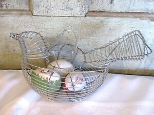 Primitive Wire Woven Wire Bird Chicken Egg Gathering Basket Metal W 3 Eggs