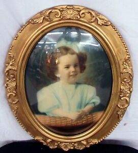 Antique Ornate Convex Bubble Glass Oval Carved Wood Picture Frame 23 X 17 Girl