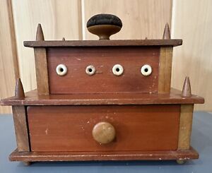 Antique Wooden Sewing Thread Box With Drawer 8 Bone Eyelets Pin Cushion 7 