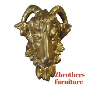 Vintage Brass Ormolu Rams Head Goat Hardware Pull Knob Handle Dresser Chest