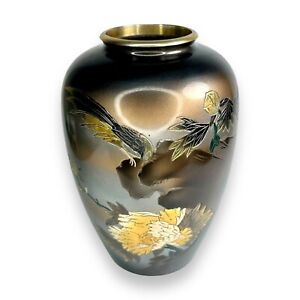 Vase Japanese Signed Brass Bronze Cloisonne Champleve Vtg Floral Bird Gold Black
