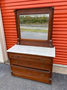 Antique Victorian Eastlake Marble Top Dresser W Mirror