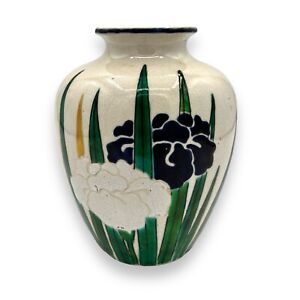 Antique 1865 Early Japanese Awaji Ware Vase Keio Signed Poppy Flowers Blue Green