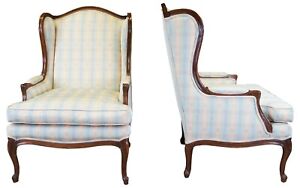 2 Baker Louis Xv French Country Bergere Wingback Chairs Scalamandre Plaid