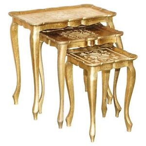 Lovely Antique 1930 Florentine Venetian Hand Painted Gilt Nest Of Three Tables