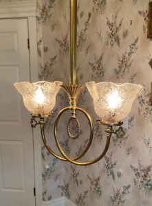 Antique Two Armed Brass Hanging Lamp Light Chandelier W Clear Etched Shades