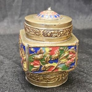 Lovely C1970s Chinese Cloisonn Tea Caddy Blue Scrolls Flowers 3 3 4 In Tall
