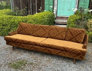 1960s Gondola Mid Century Modern Sofa Vintage Brown Gold 8 Foot Couch Wood Trim