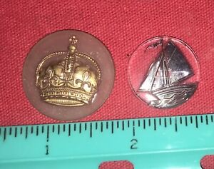 Antique Vintage Frosted Glass Button Gold Crown Silver Sail Boat Center Large