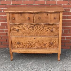Antique Thomas Beal Oak Serpentine 4 Drawer Dresser With Mirror Solid Wood