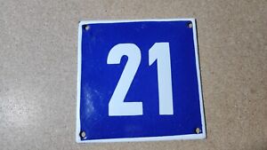 Vintage Enamel Sign Number 21 Blue House Door Street Plate Metal Porcelain Tin