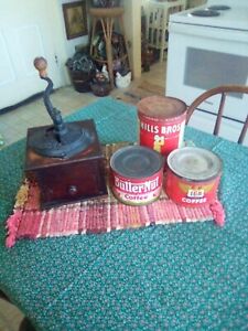 Antique Coffee Grinder Cast Iron Top Wooden Base Crank Handle W Wood Knob Nice 