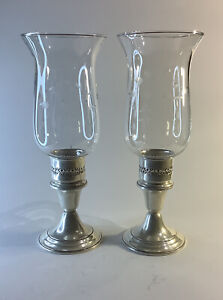 2 Gorham Sterling Silver Lamps Glass Hurricane Etched Weighted Candle Holder