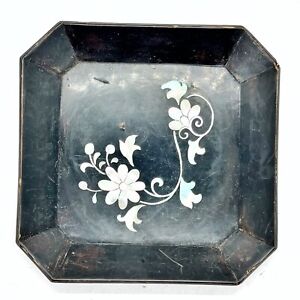 Antique Or Vintage Chinese Black Lacquer Tray With Mother Of Pearl Inlay Old