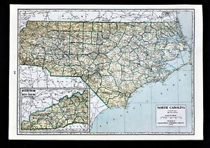 1944 Geographical Map North Carolina Raleigh Charlotte Wilmington Cape Hatteras