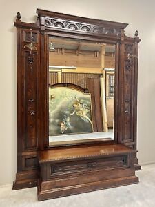 Antique Hand Carved Mahogany Hall Tree W Mirror And Storage Bench Very Large