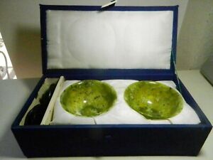 1970s Matching Pair Translucent Spinach Jade Bowls W Wood Stands Box Kwangtung