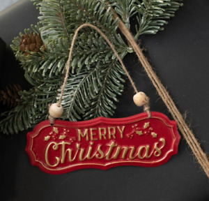 Primitive Vtg Style Retro Red Merry Christmas Holly Season Tin Ornament Sign