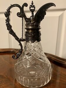 Vintage Crystal Claret Jug With Silver Plated Top Crystal Body