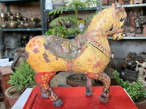Antique Old Indian Handcrafted Wooden Yellow Painted Horse Statue Figurine 11 5 