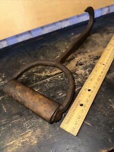 Antique Tool Vintage Hay Bale Hand Forged Iron Hook Wood Handle Bangor Maine 