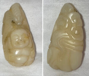 Antique Chinese Buddha Bat White Jade Pendant Qing Ming Dynasty Boy Russet Old
