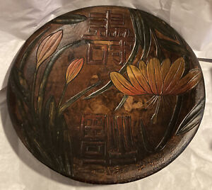 Vintage Carved And Painted Asian Wood Plate 12 5 Round Ready To Hang