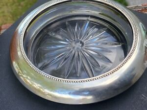 Vintage Frank Whiting Sterling Silver Rim Glass Cigar Ashtray Large Heavy