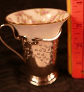 Antique Sterling Silver Reticulated Porcelain Hand Painted Roses Gold Cup Holder