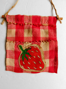 Primitive Red Strawberry Checkered Wall Pocket Hanging Pouch Bag Annchanted